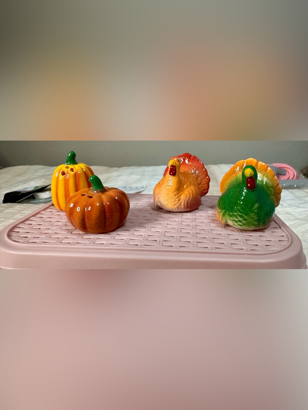 Ceramic Thanksgiving Turkey Salt and Pepper Shakers with Mini Pumpkin
